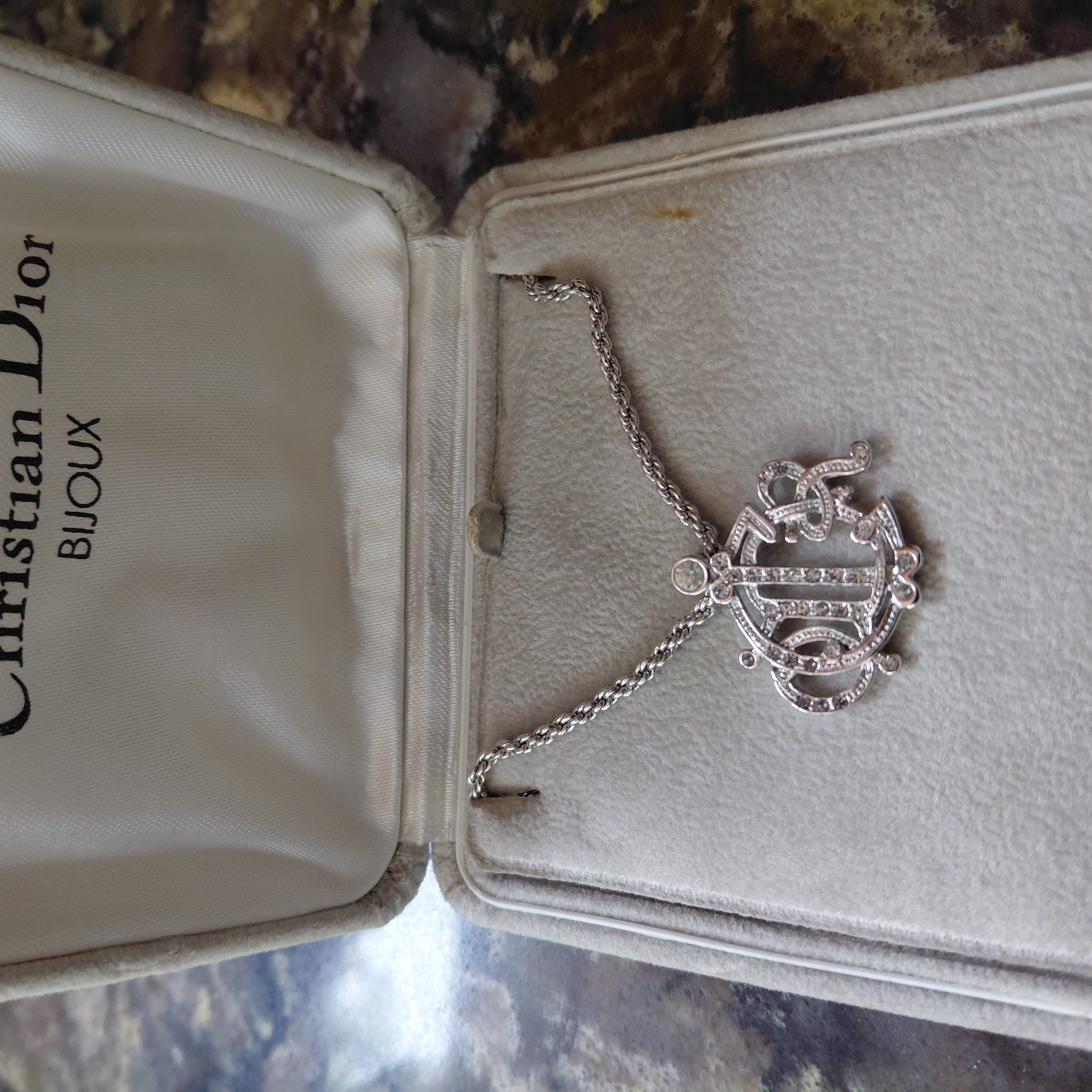 Dior Silver Crystal Monogram Necklace